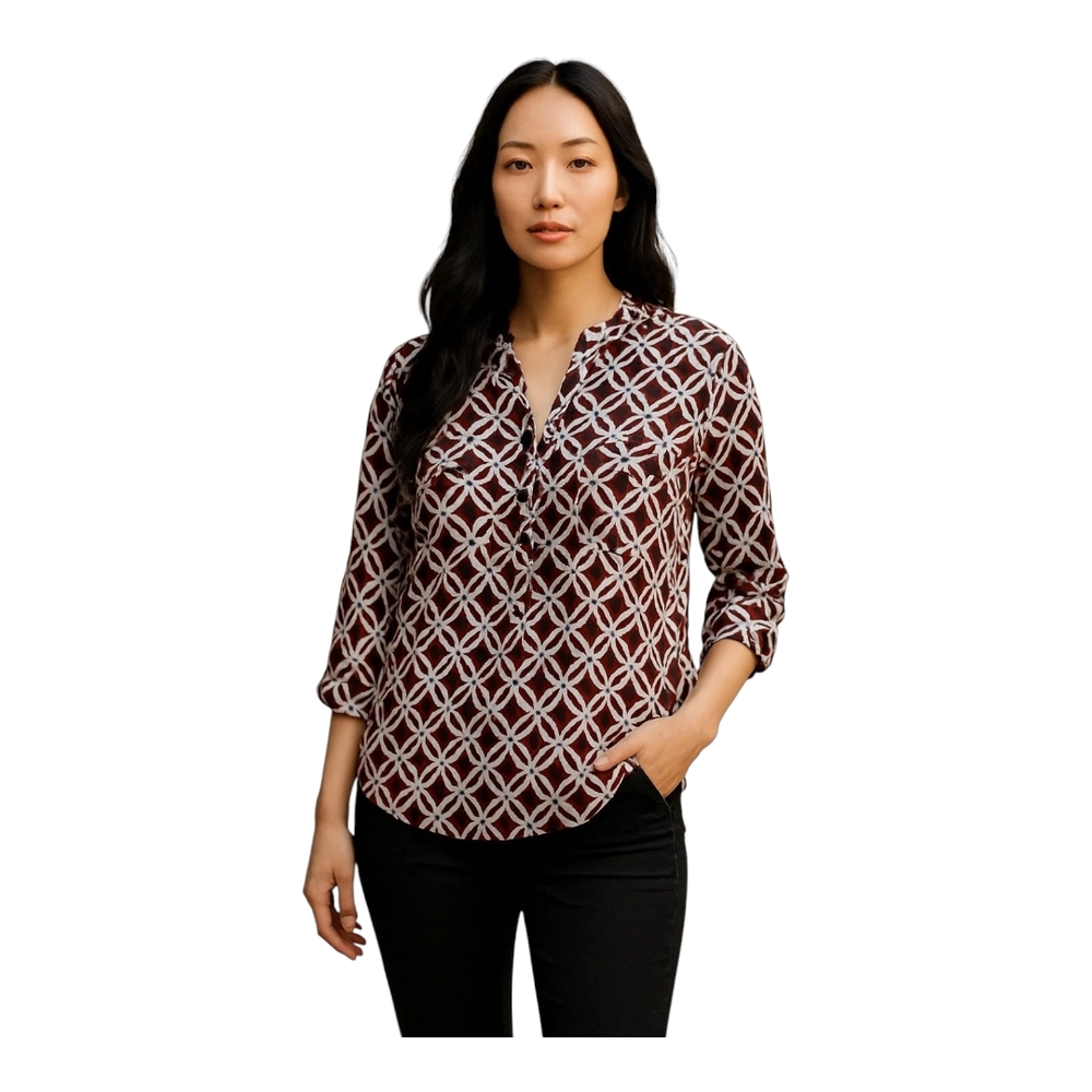 Notations Women's Geometric Patterned Blouse - Burgundy and White